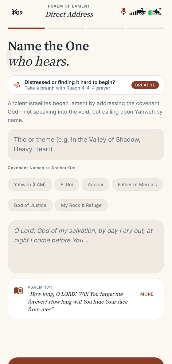 The lament composer on its first movement, headed &ldquo;Name the One who hears&rdquo;, with covenant names to choose from and Psalm 13 for reference.